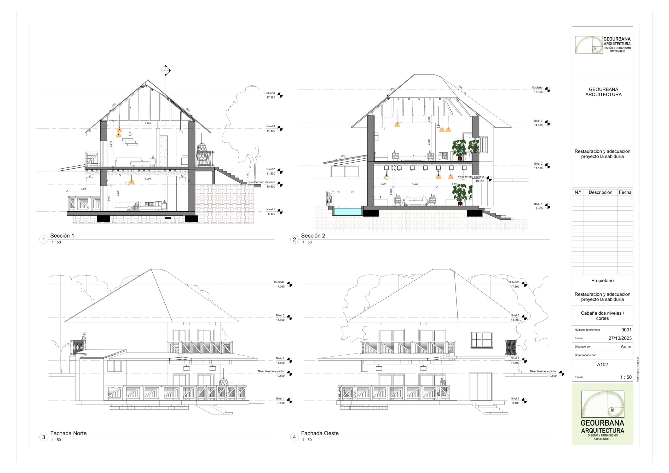 Cortes y fachada Arq cabaña 2 pisos